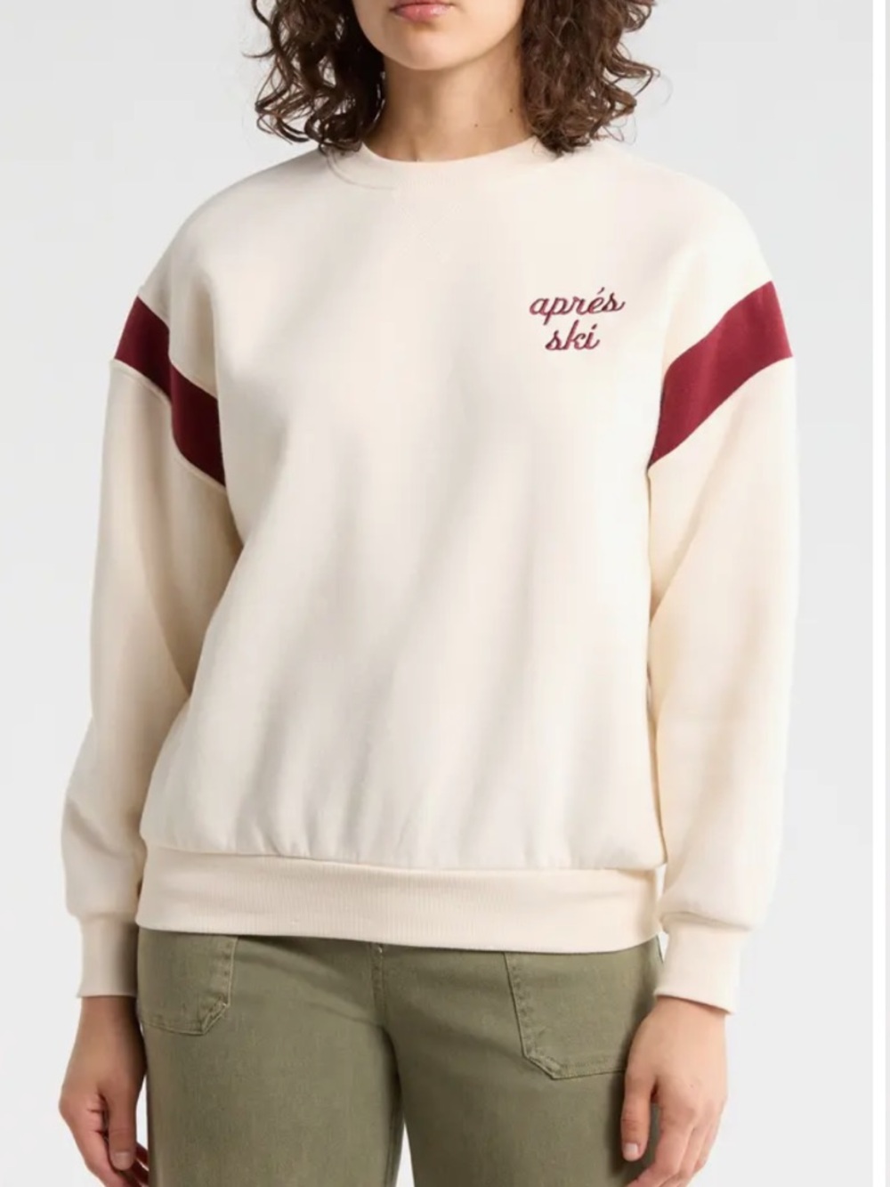 Wildfox Cream Crewneck Sweatshirt with Burgundy Sleeve Stripes